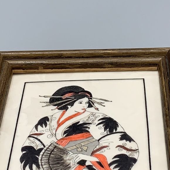 Framed Geisha Girl in Kimono Robe Fan Etched Art D R Mueller Signed Faux Marble - Picture 2 of 14